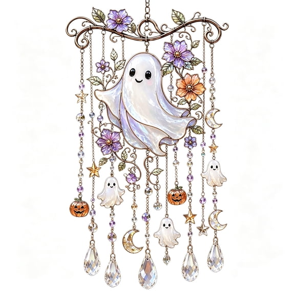 HOARBOEG Halloween Acrylic Suncatcher Wind Chime, Light Catcher Hanging Ornament with Bells, Spooky Window Garden Decor, Gift