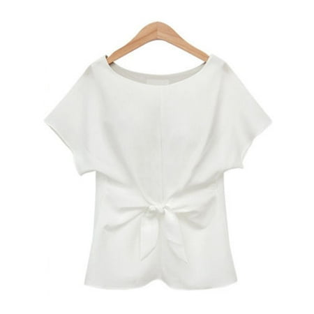 Tie Front Chiffon Blouse - Women Chiffon Short Sleeve Blouse Tops Tee Bow Tie Casual Summer Loose T-Shirt