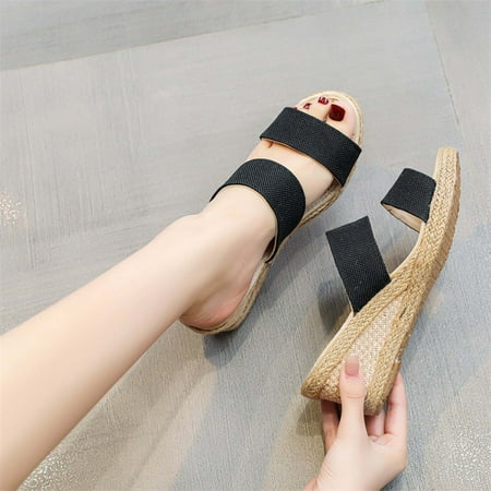 

Aueoeo Wedge Sandals for Women Women s Open Toe Sandals Slip On Platform Shoes Linen Straw Wedges Sandals Summer Casual Canvas Dress Slippers