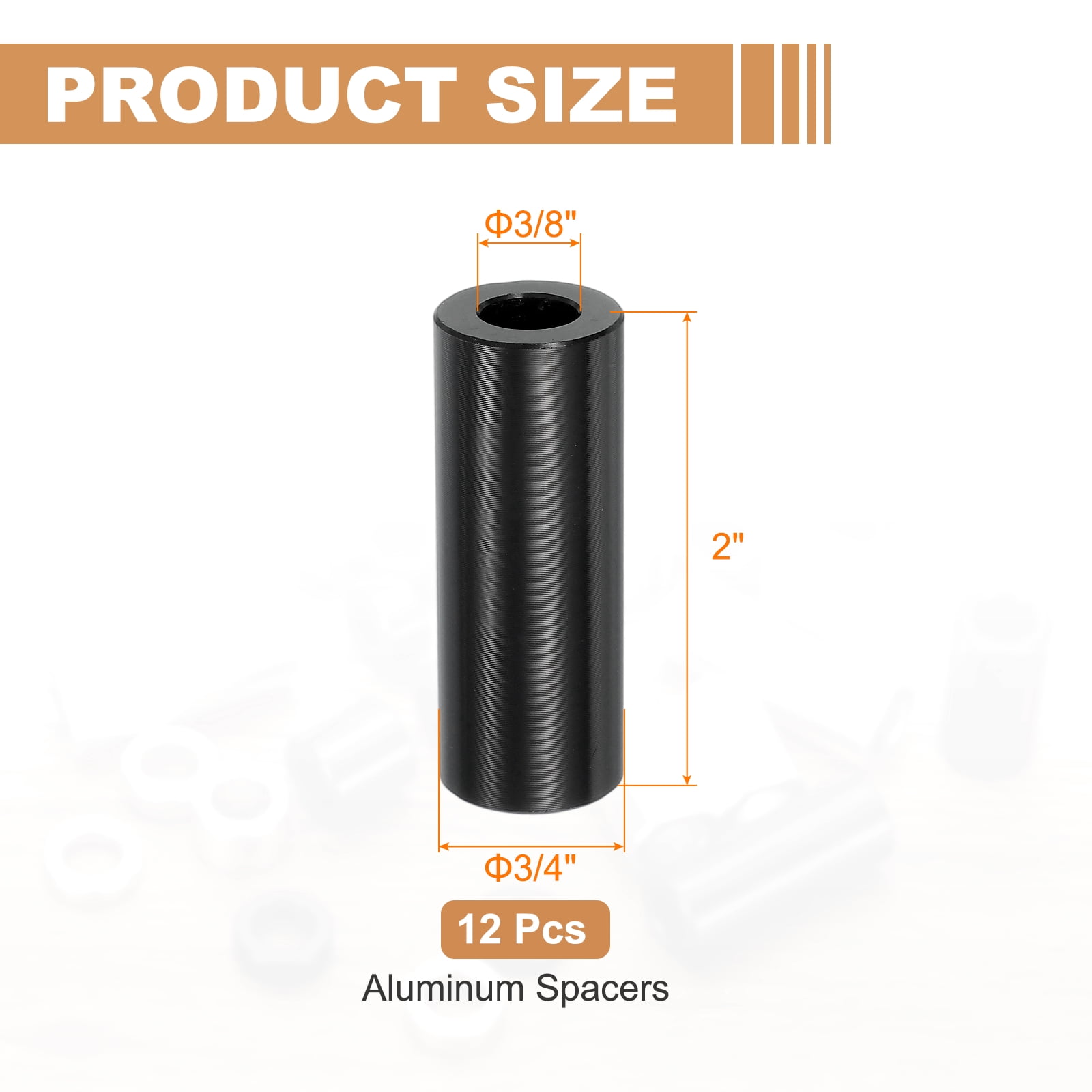 12PCS Aluminum Spacers, 3/8" x 3/4" Metal Spacers Aluminum 2" L Spacer Screw Standoff Round Unthreaded Standoff Bushing for 3/8inch Screw Bolts, Black