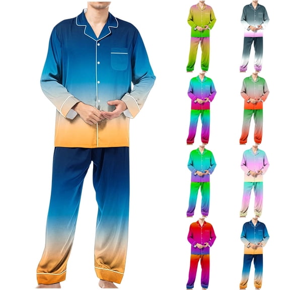 Bixock 2 Piece Outfits for Men,Pajamas for Men Gradient Print Long Sleeve Lapel Cardigan Top with Pocket and Long Pants Home Loungewear Set