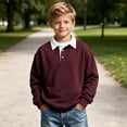 thumbnail image 2 of BLVB Boys Girls Long Sleeve Sweatshirts Kids Button Collared School Uniform Tops Drop Shoulder Pullover 3-14Y(Wine,13-14 Years), 2 of 8
