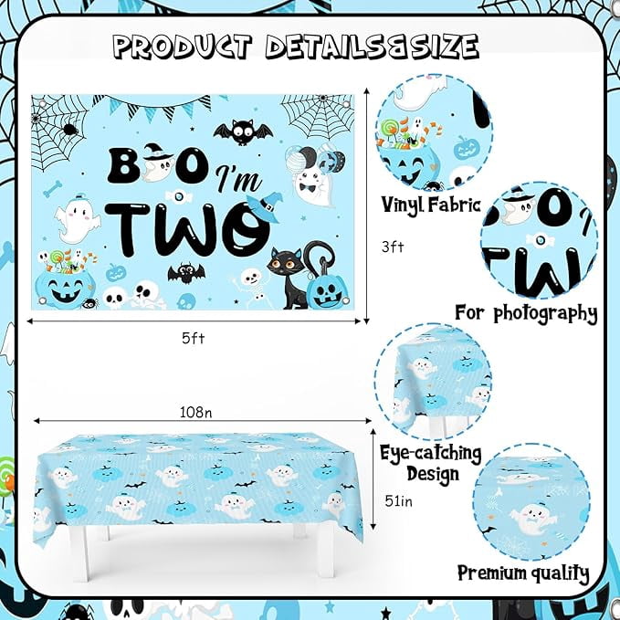 Boo I’m Two Birthday Decoration Boy Halloween Theme Backdrop Cake Cupcake Topper Table Cloth Blue Black Foil Balloon Garland Arch Kit for Two Spooky 2 Years Old Birthday Decoration