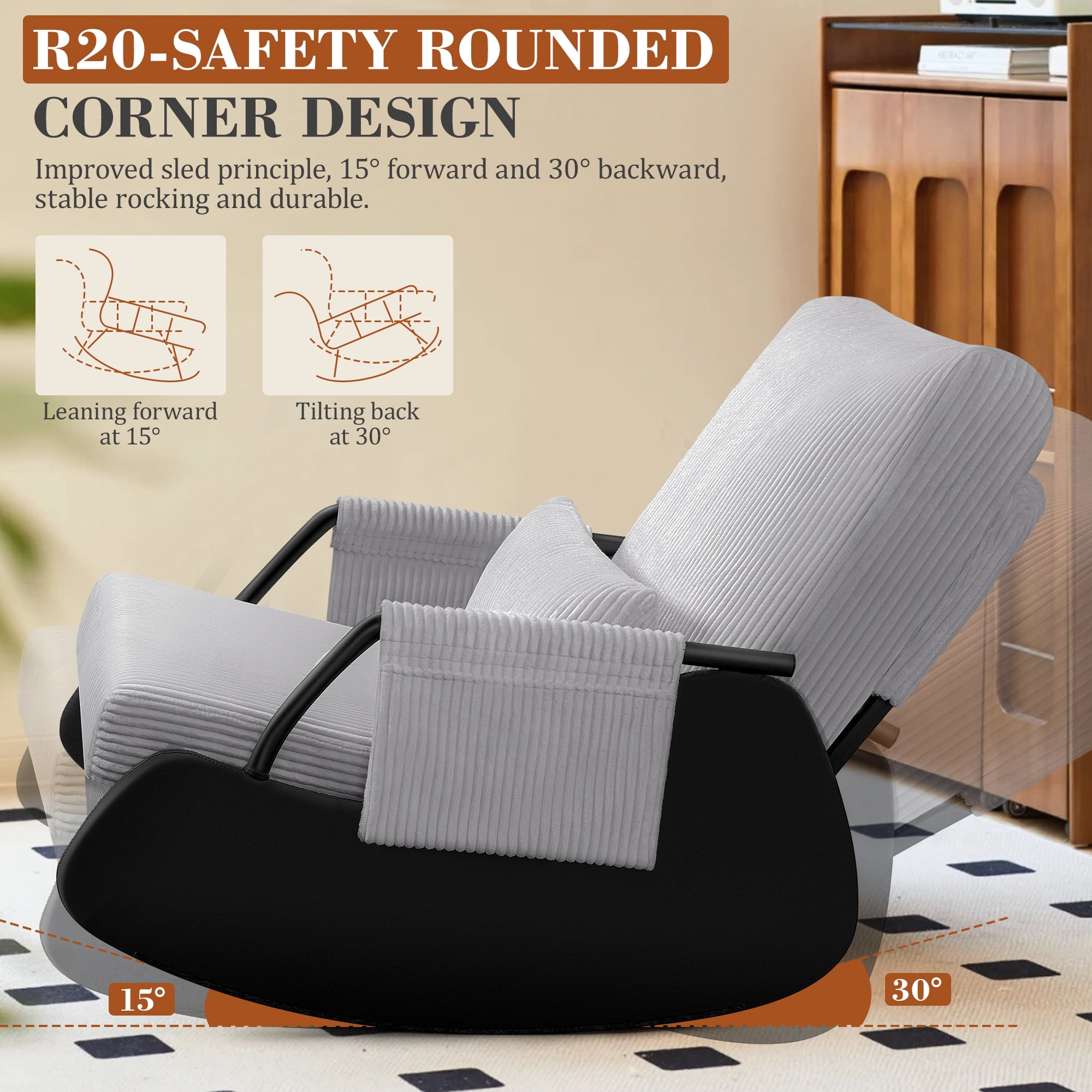 Primy Nursery Rocking Chair, Low-Seat Glider Chair, Upholstered Rocking Accent Chair Recliner with Side Pocket and Foot Rest for Mom Nursery Living Room Bedroom