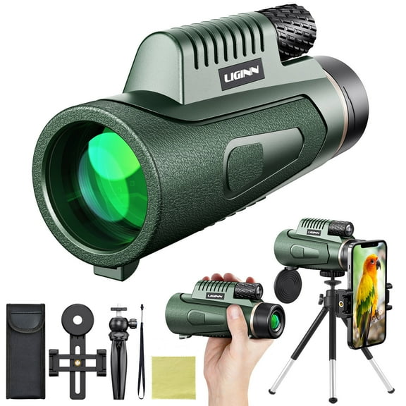 SPOORYYO 12x50 Monocular Telescope with Tripod and Phone Clip, HD Vision, Low Light Night Vision, Waterproof & Shock-Resistant for Bird Watching, Hiking, Hunting - Green