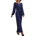 thumbnail image 2 of Doublju Womens Casual Long Sleeve Waist Band Wide Leg Jumpsuit With Plus Size, 2 of 4