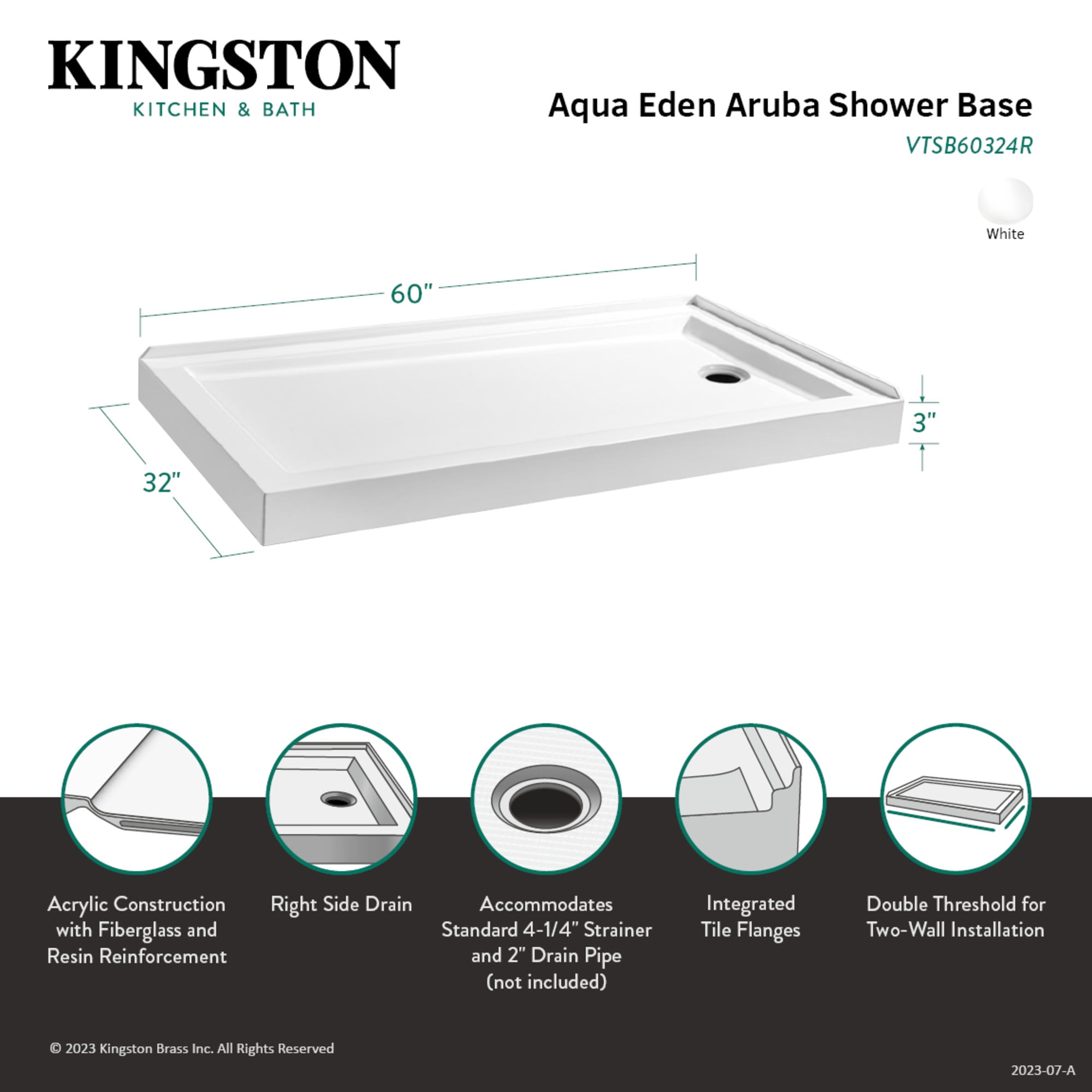 Kingston Brass VTSB60324R Aruba 60" x 32" Acrylic Double Threshold Shower Base with Right Drain, Glossy White