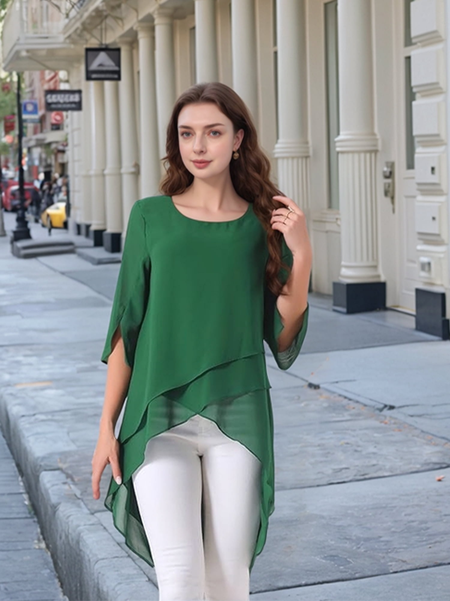 DARING DIVA Women's 3/4 Sleeve High Low Hem Scoop Neck Chiffon Blouses S Dark Green