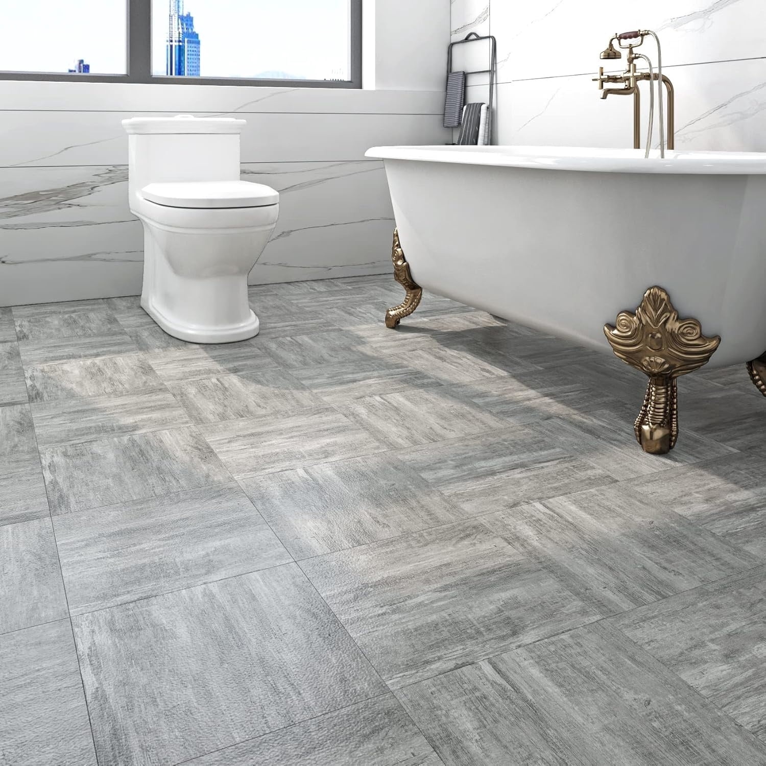 32-Tiles Stick on Floor Tiles Waterproof Peel and Stick Floor Tile for Kitchen Bathroom Bedroom Floors Retro Easy Vinyl Flooring Peel and Stick 12X12 Light Grey Wood Laminate Flooring