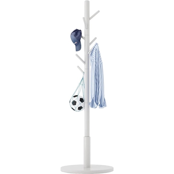 Standing Coat Rack White Coat Stand with 8 Hooks and 3 Height Options, Wood Kids Coat Tree with Sturdy Round Base, Small Hall Tree White YD-1009