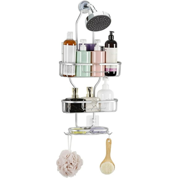 Over Shower Head Shower Caddy 3 Tier Hanging Organizer with Soap Holder and Hooks, Silver