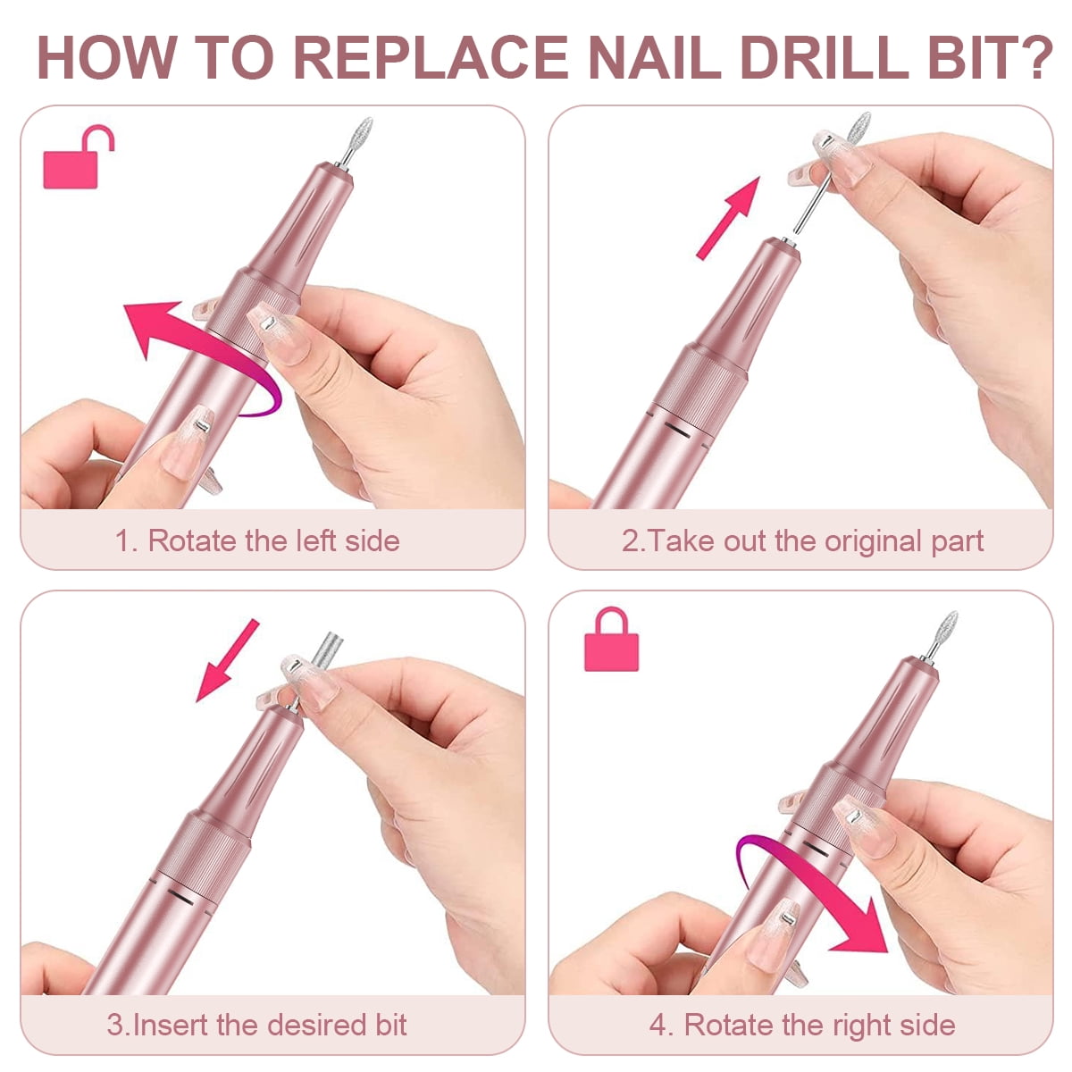 M MISS DREAM Rechargeable 35000 RPM Cordless 13-Piece Nail Drill with 12 Bits and Nano Glass File, Pink