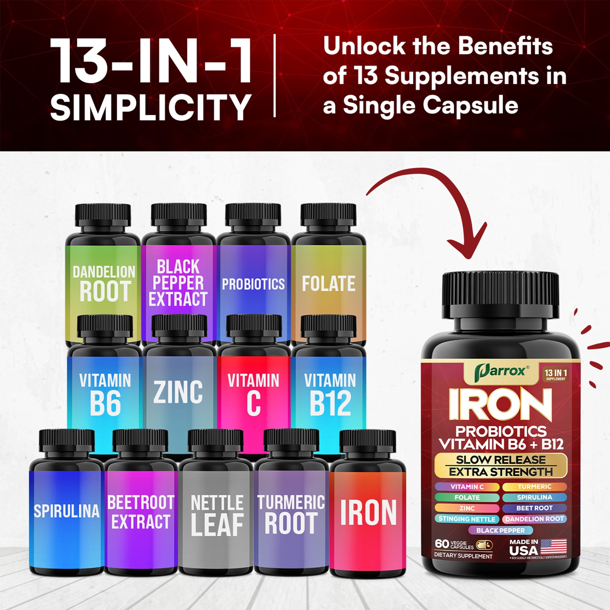 Parrox Iron Supplement with Slow Release Iron, Probiotics, Spirulina, Turmeric, Vitamin B6, B12, C, Zinc, Folate, Beetroot, Nettle Leaf, Dandelion Root,Black Pepper, Extra Strength, 60 Vegan Capsules