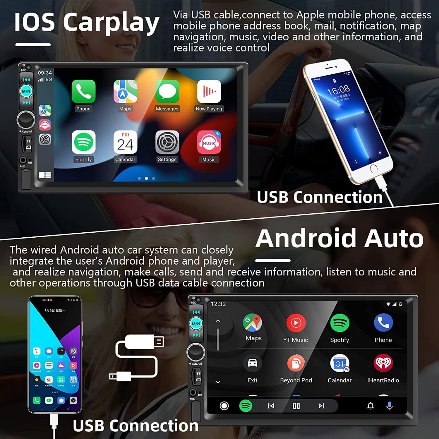Podofo Double 2 Din 7" Touchscreen Car Stereo Radio Apple Carplay Android Auto Mirror Link Bluetooth FM Car Multimedia Player USB TF AUX,with Backup Camera&Mic&SWC