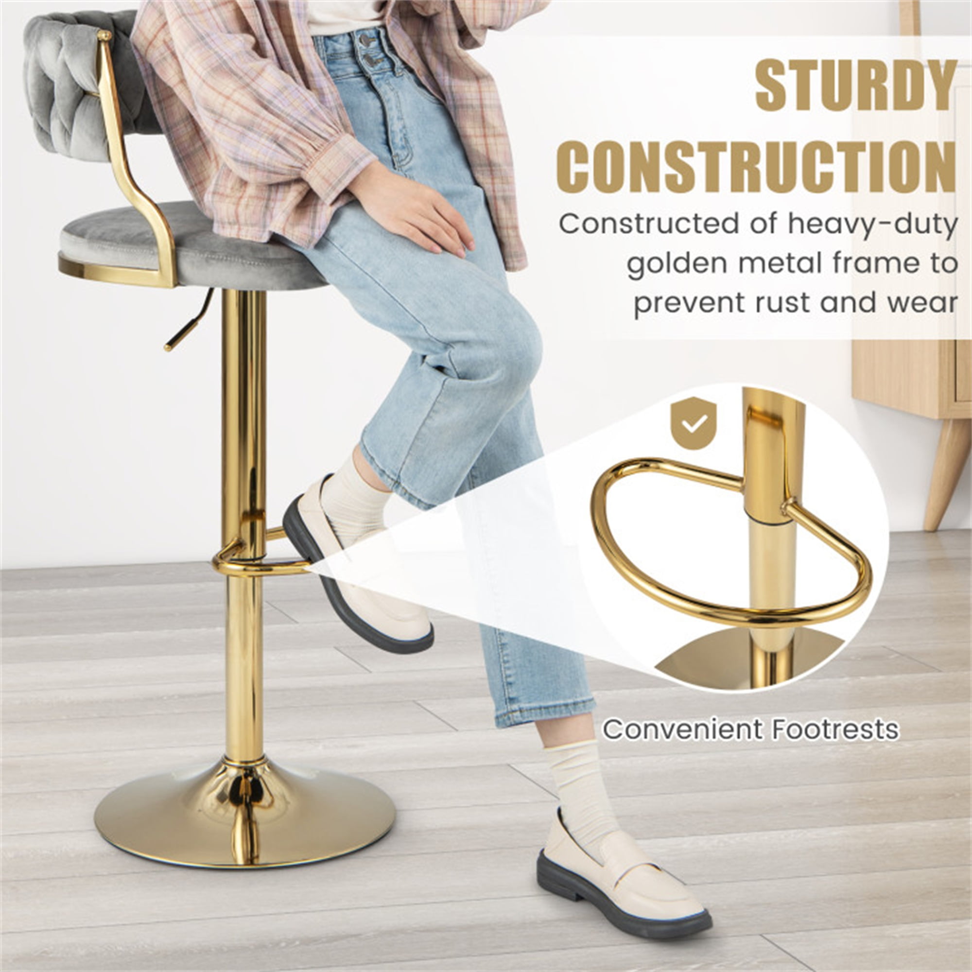 Demi Bonn Swivel Barstool with Woven Back Set of 2 for Kitchen Island Cafe Dining Chairs, Gray