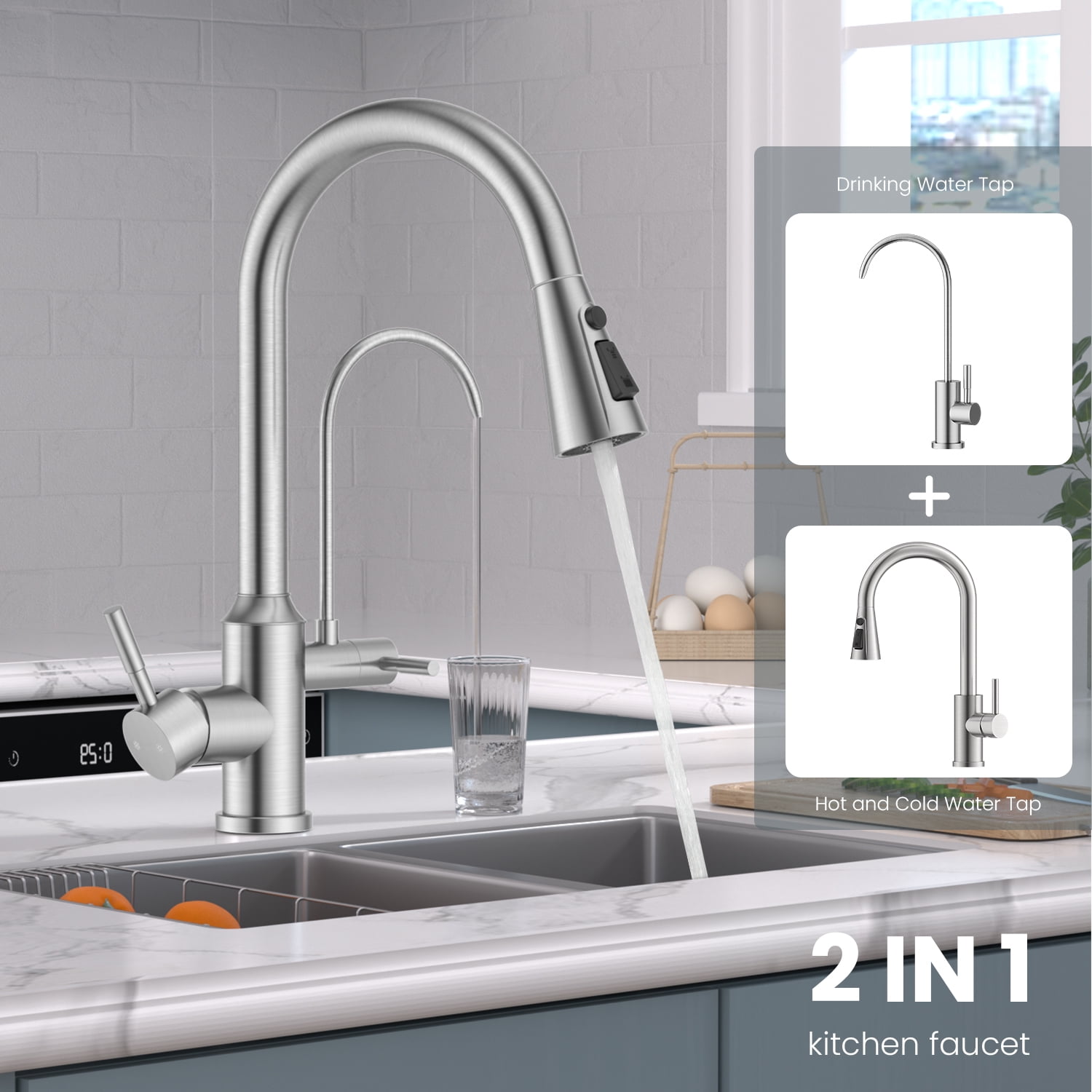 APPASO Kitchen Faucet with Water Filter, Pull Out 3 Way Sink Faucets with Sprayer, High Arch 2 Handle Faucet with Water Purifier - 3 in 1 Faucet Brushed Nickel (Without Water Filtration Device)