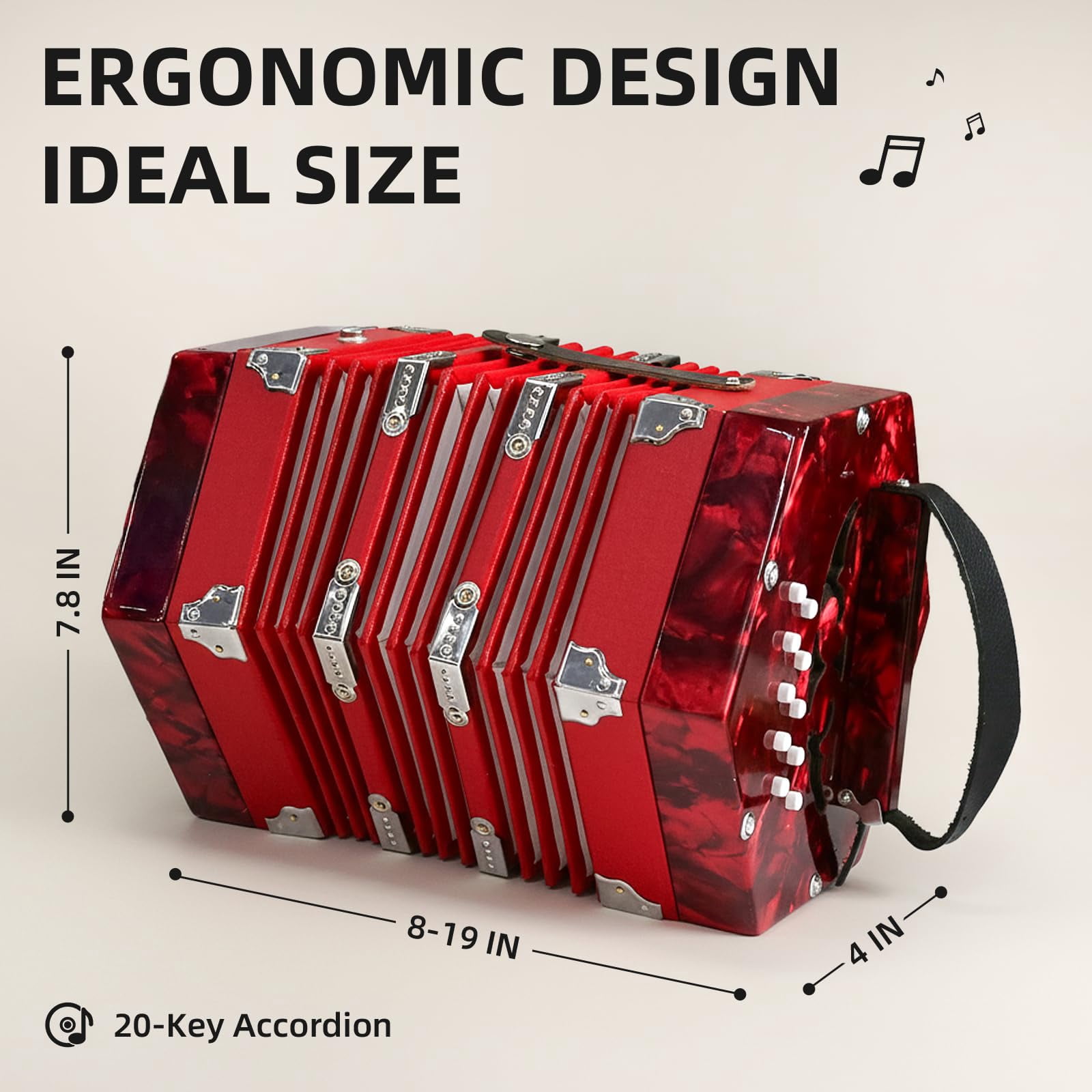 YueChun Concertinas,20-Key Accordion for Adults, Professional Accordion for Beginners, Adjustable Hand Straps, Instrument Accessories (Red)
