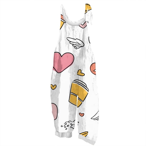 Fgvctg Valentine's Day Women's Jumpsuits Wide Leg Pant Dressy Overalls Love Heart Print Sleeveless Spaghetti Straps Jumpsuits Romper Bib Overalls Oversized Sprimg Pant With Pockets White XL
