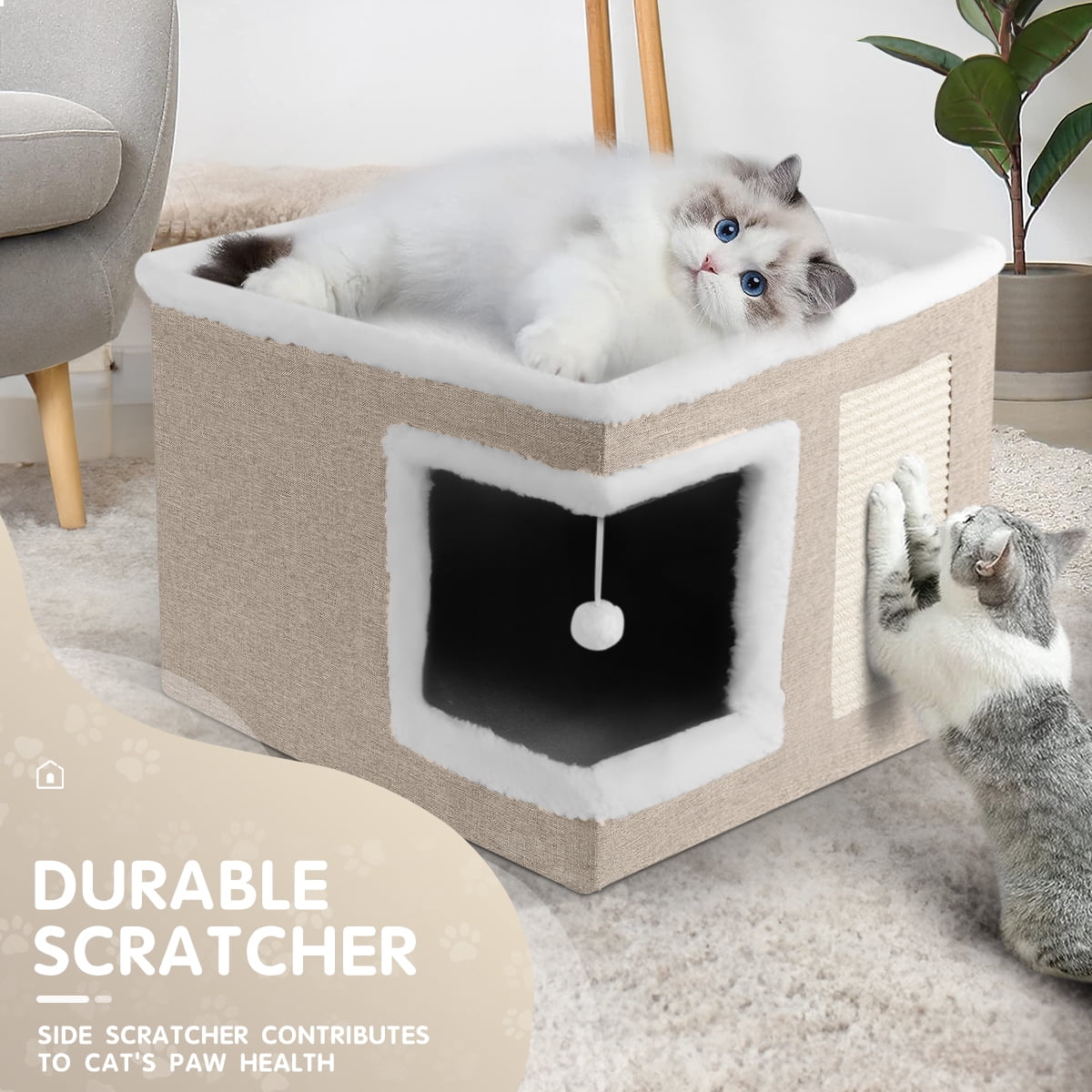 HDJ Indoor Pet Bed for Cats, Covered Foldable Kennel Bed with Scratching Board, Suitable for Many Small Pets, Light Gray