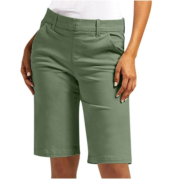 Green Cargo Pants Women Chino Shorts For Women Comfy Casual Slim Fit Pull On Knee Length Shorts Solid Shorts With Pockets