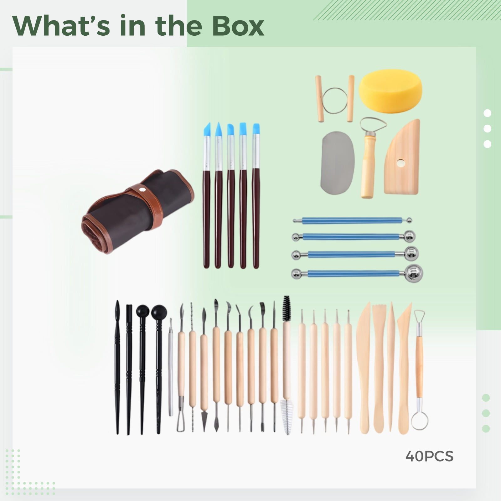 40 Pcs Pottery Tools Set, Clay Sculpting Tools with Wooden Handle, Ball Stylus, Plastic Scrapers & Silicone Brushes for Pottery, Ceramics, Dough, DIY Crafting
