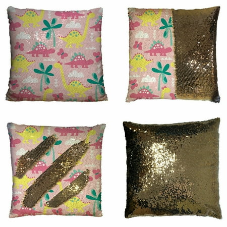 ABPHQTO Pink Dinosaur Reversible Mermaid Sequin Pillow Case Home Decor Cushion Cover 16x16 Inch