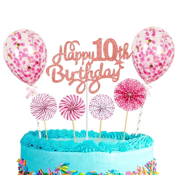 Abanico de flores de papel rosa de 5 pulgadas con lentejuelas y globos para decorar tartas de feliz cumpleaños con papel brillante