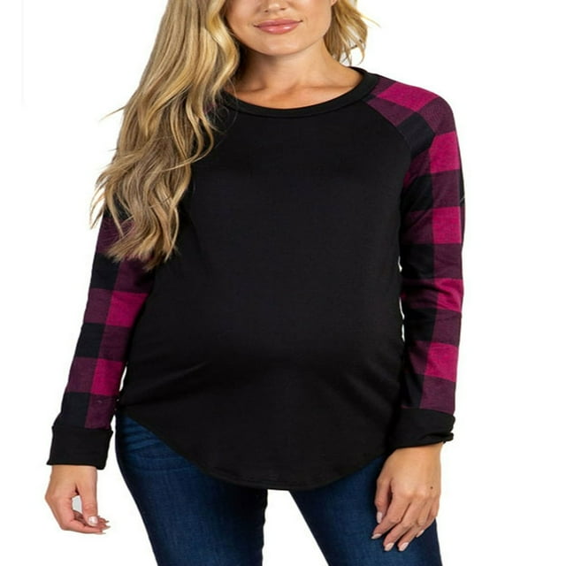 Chemisier à Carreaux pour Femmes T-Shirts de Maternité Patchwork Ample Enceinte Hauts Unis