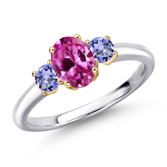 Gem Stone King 10K Two Tone Gold Pink Created Sapphire and Blue Tanzanite Engagement Ring for Women | 1.26 Cttw | Oval 7X5MM | Gemstone September Birthstone | Size 9