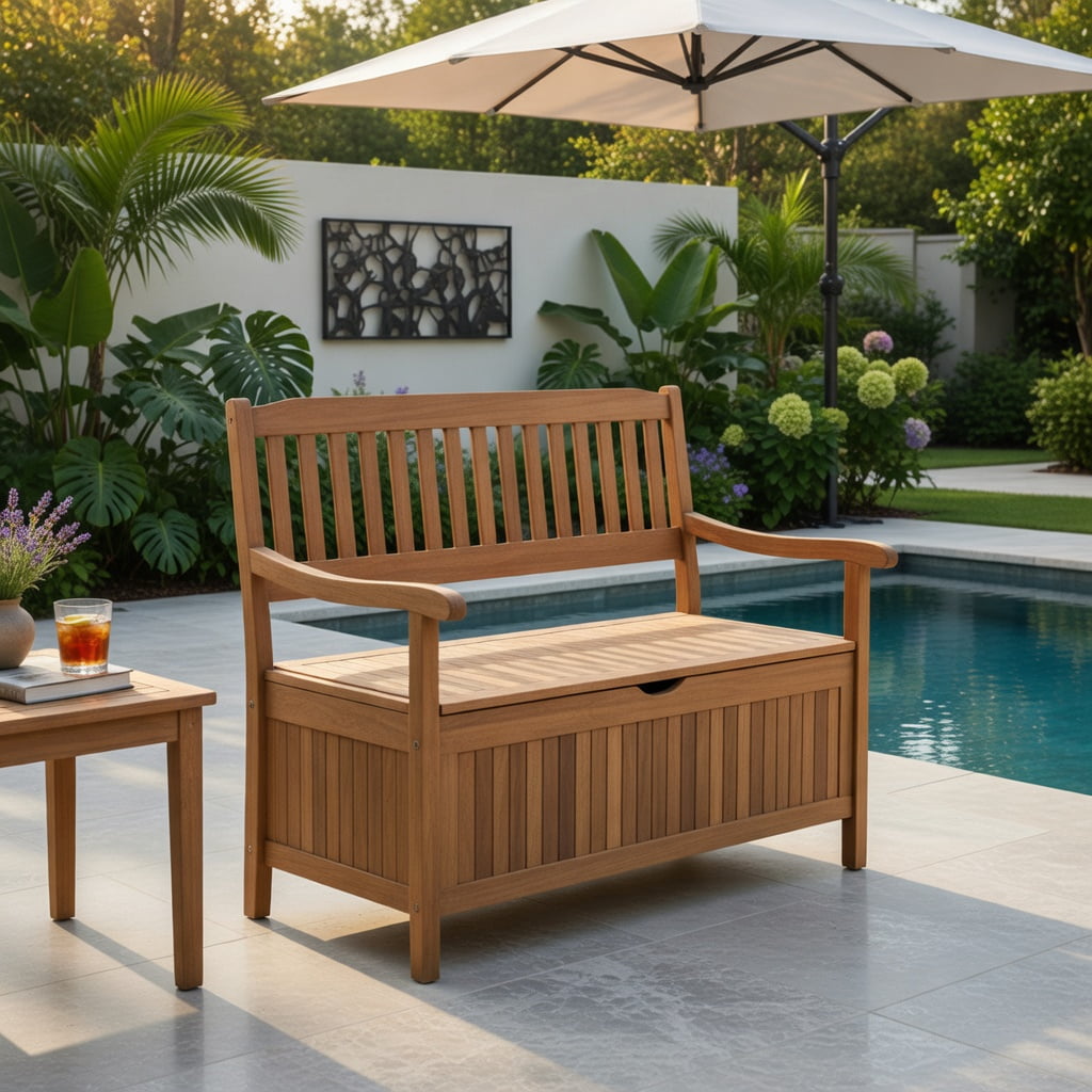 Hommoo 33-Gallon Eucalyptus Wood Outdoor Storage Bench with Liner, Patio, Garden & Porch Seating, Natural