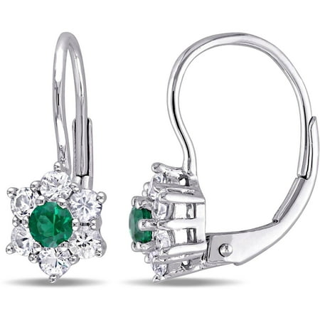 Tangelo 7/8 Carat T.G.W. Created Emerald and White Sapphire 10kt White Gold Hexagram Leverback Earrings