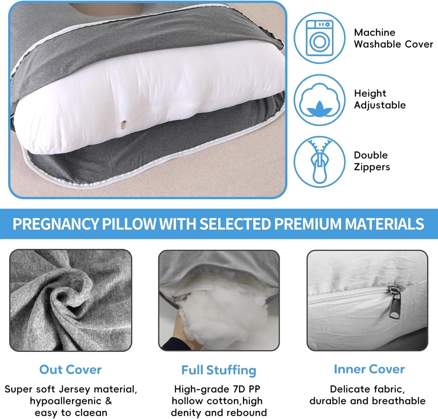 U-Shaped Pregnancy Pillow for Sleeping, Full Body Support for Back, HIPS & Belly -65 Inch Maternity Pillow with Machine Washable Cover | Maternity Essential (Jersey Knit Cotton Gray- 65inch)
