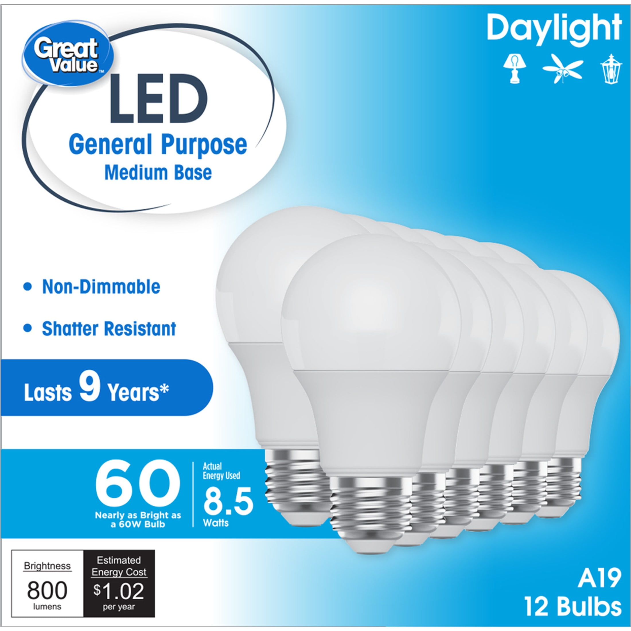 Great Value LED Light Bulb, Daylight, 60 Watt Eqv, A19 General Purpose, E26 Medium Base, 9yr, 12 Pack