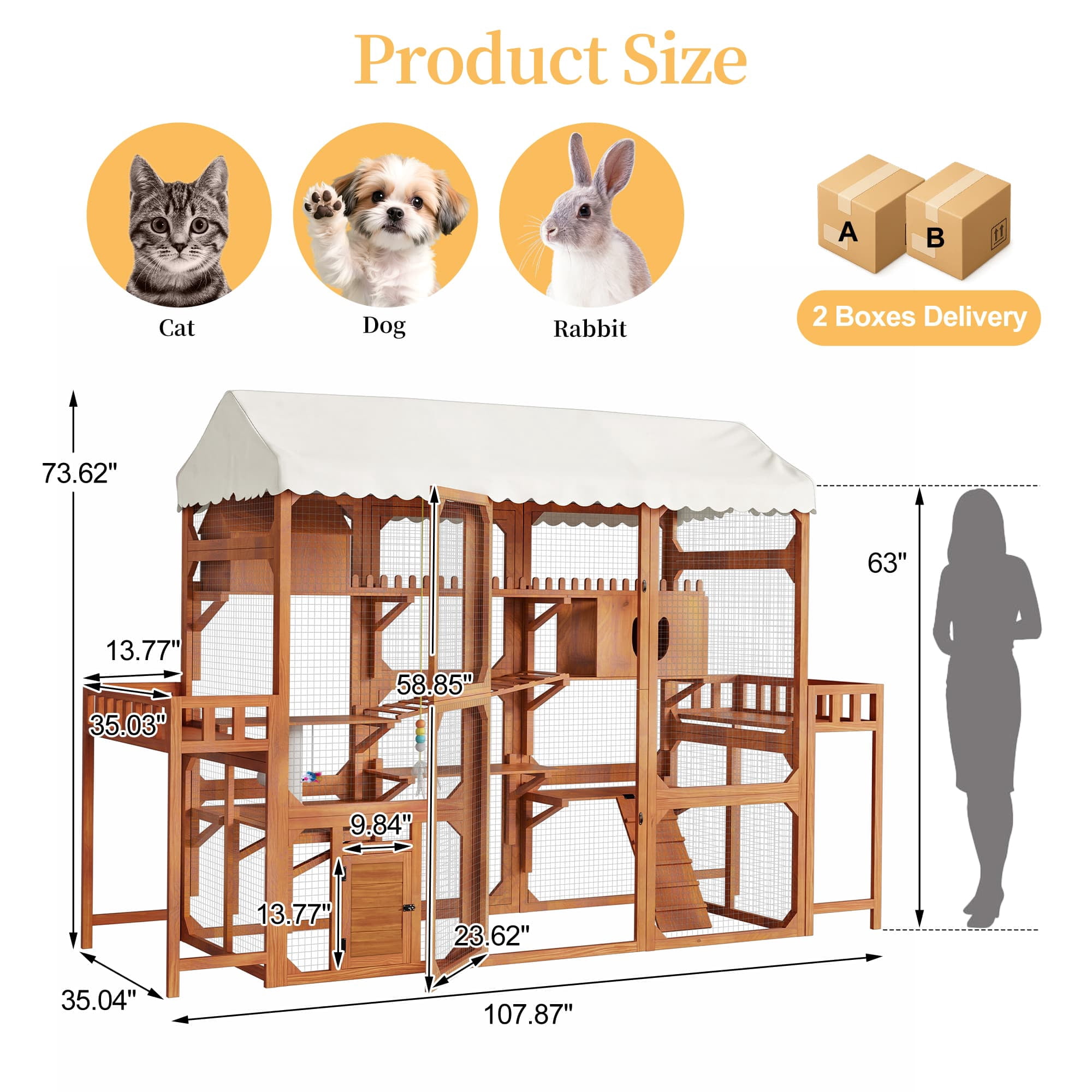 Large Outdoor Cat Enclosure, Wooden Catio with 2 Plant Stands, Multi-Level Cat Playpen with Weather-Resistant Roof & Wire Mesh for Backyard Patio, Brown