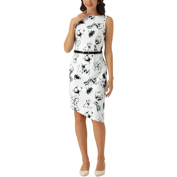 Vestido sin mangas con cinturón para mujer INSPIRE CHIC, estampado floral, cuello barco, dobladillo asimétrico, largo a la rodilla, vestidos de trabajo XS blanco