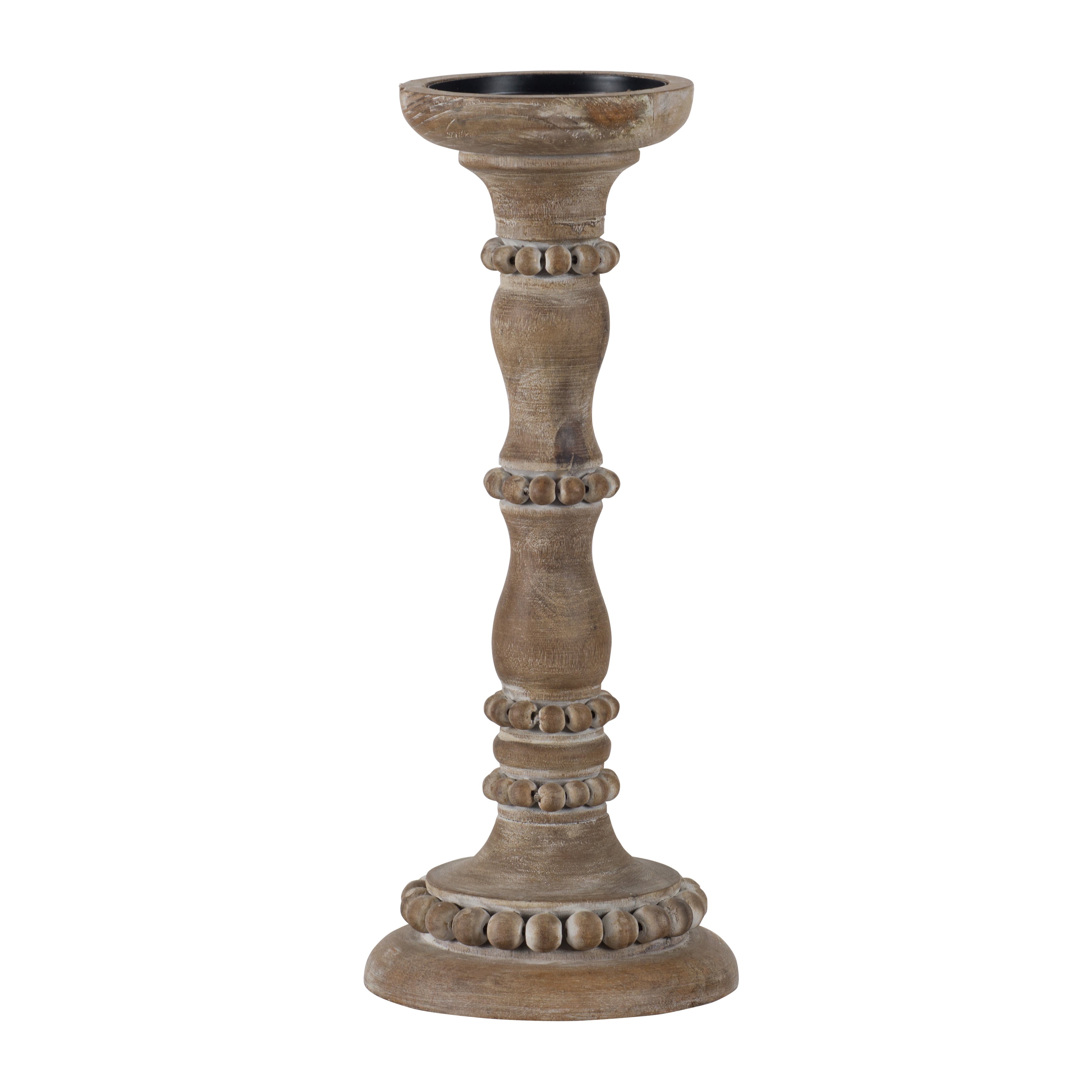 15" Wood Bead Candle Holder Whitewash Natural