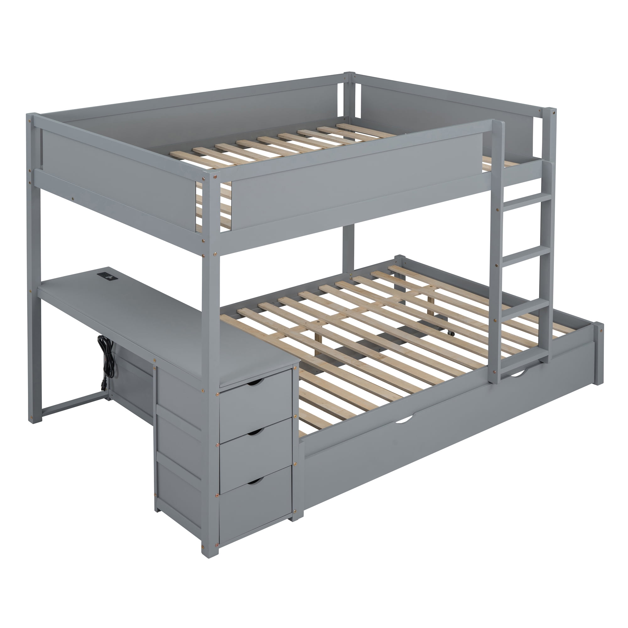 Full-Over-Full Bunk Bed with Twin size Trundle and 3 Storage Drawers, Solid Wood Floor Bunk Bed with Desk, Ladder and Guardrails for Kids Teens Adults