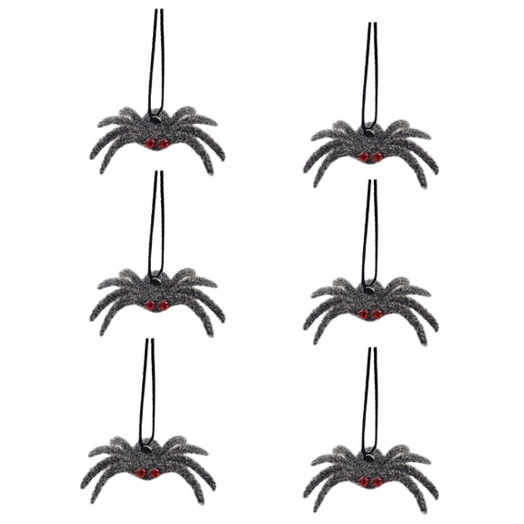 Leeye 6 Pack Small Halloween Spider Hanging Ornaments, 7cm Black Flocked Spiders with Red Eyes, Realistic Spider Decorations for Halloween Tree Party Haunted House