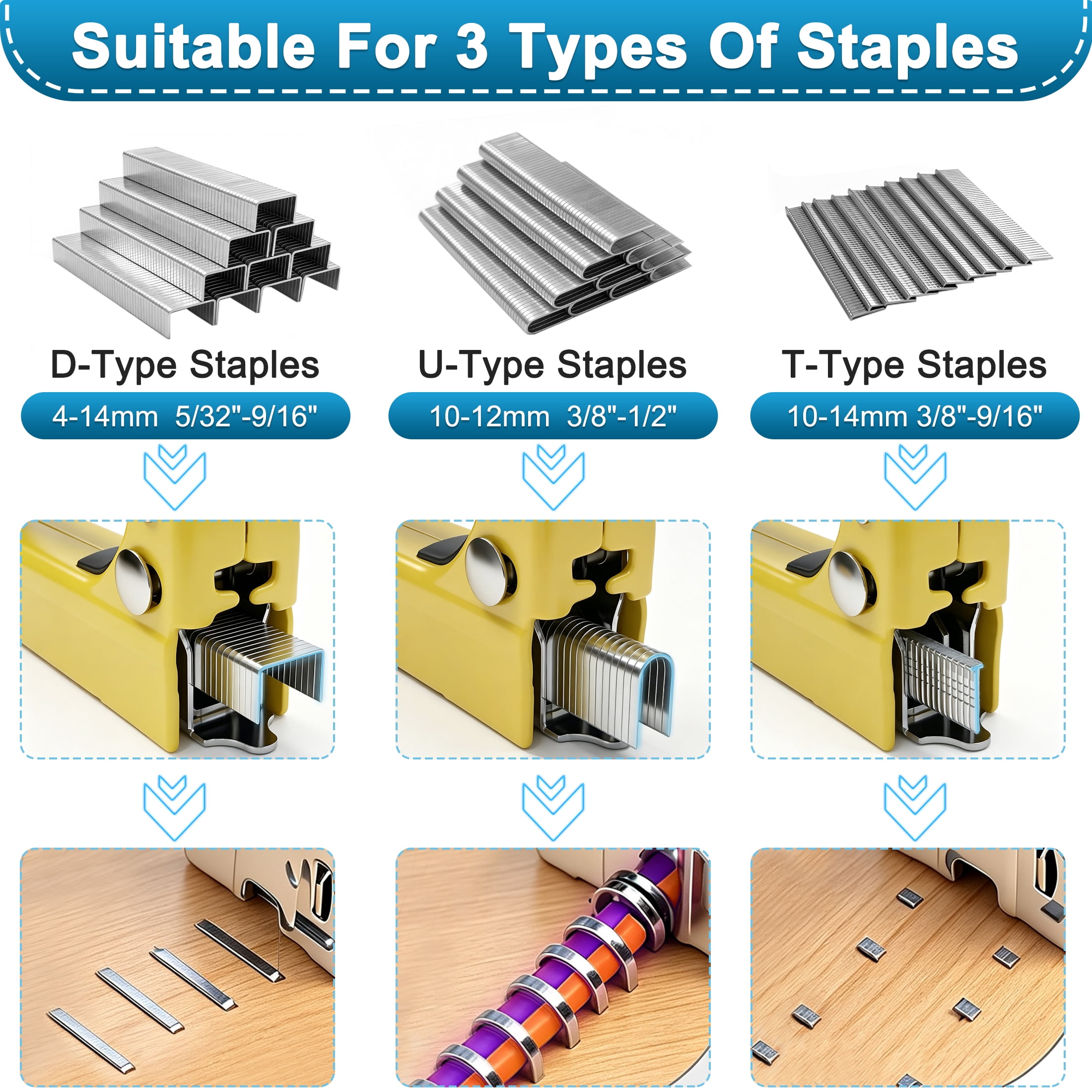 3 In 1 Heavy Duty Staple Gun Kit, Manual U/D/T Type Stapler with 1500 Pcs Staples & Staple Remover, Adjustable Force Hand Stapler for Wood Upholstery Crafts DIY Repair