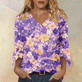 thumbnail image 2 of Delconic Women’s Casual Floral Print V Neck Three Quarter Sleeve Loose Fit Blouse Top for Everyday Wear and Comfortable Style Purple 3XL, 2 of 7