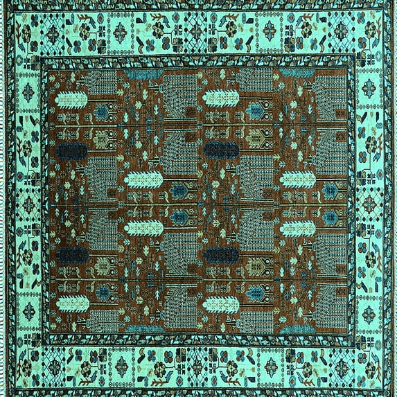 Ahgly Company Machine Washable Indoor Square Oriental Turquoise Blue Traditional Area Rugs, 7' Square