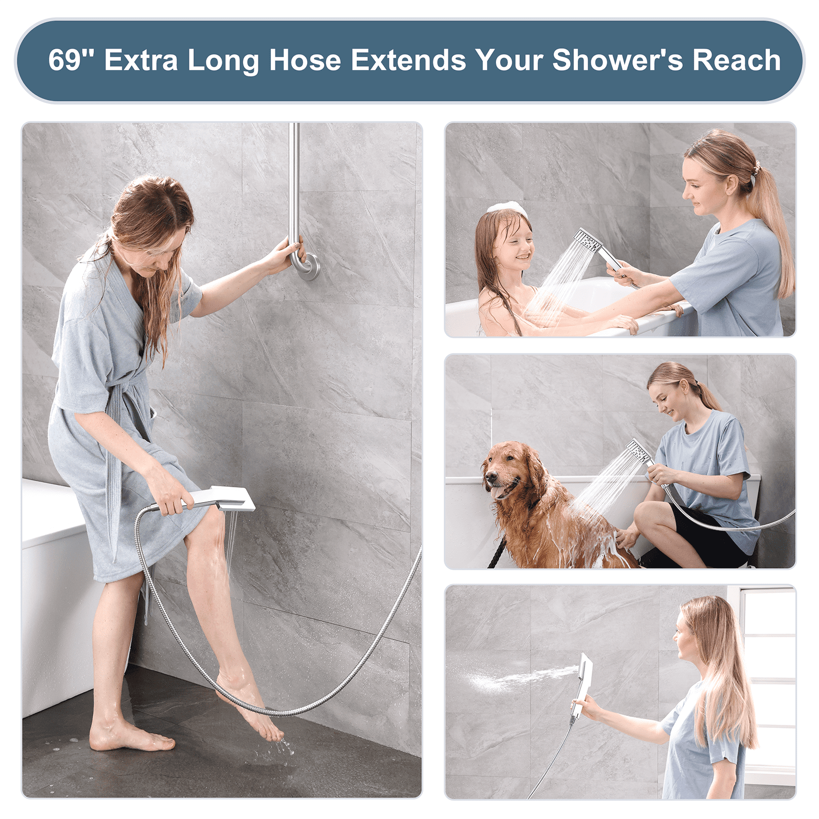 BRIGHT SHOWERS High Pressure Rain Shower Head Combo with Double Extension Arm, 8 Inch Rainfall Shower Head with Handheld Spray, Height Adjustable Dual Square Showerhead Set, Chrome