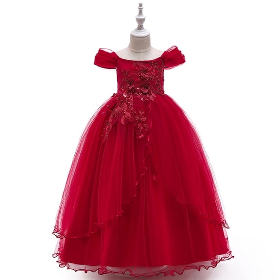 WSMEA Girls Dresses Fancy Line Shoulder Performance Long Pommel Party Dress