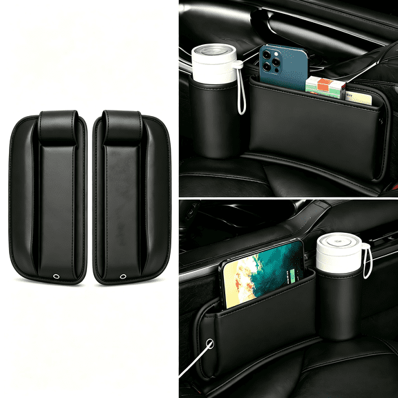 2 pack Car Seat Gap Filler Organizer, Leather Cup Holder Bag, Adjustable Storage Box for Phones, for Car Interior