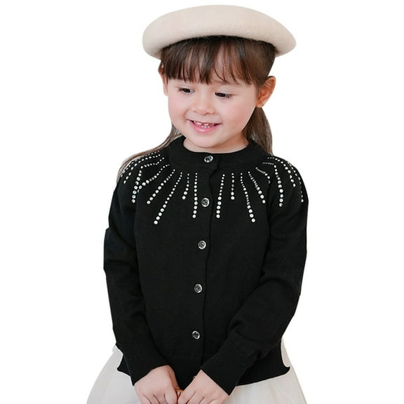 ZHOGXU Kids Girls Sweater Long Sleeve Rhinestone Design Knit Open Front Buttons Stylish Comfortable Cardigan For Fall Winter Daily Wear Black 3-4 Years