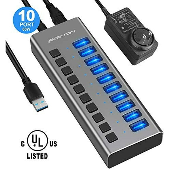 Powered USB Hub - ACASIS 10 Ports 60W USB 3.0 Data Hub - with Individual On/Off Switches and 12V/5A Power Adapter USB
