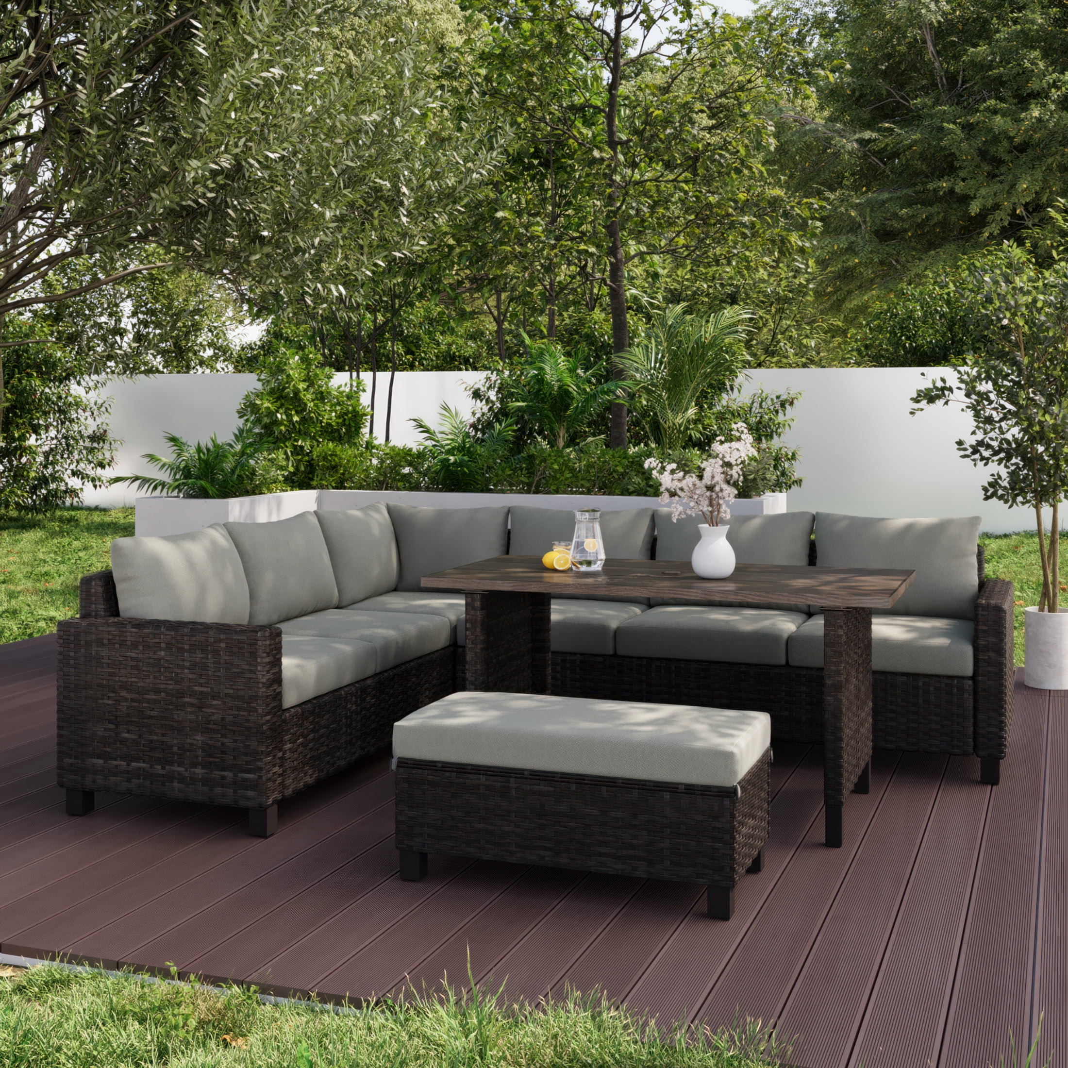 Better Homes & Gardens Brookbury 4-Piece Steel Outdoor Sectional Dining Set with Cushions & Covers, Tan