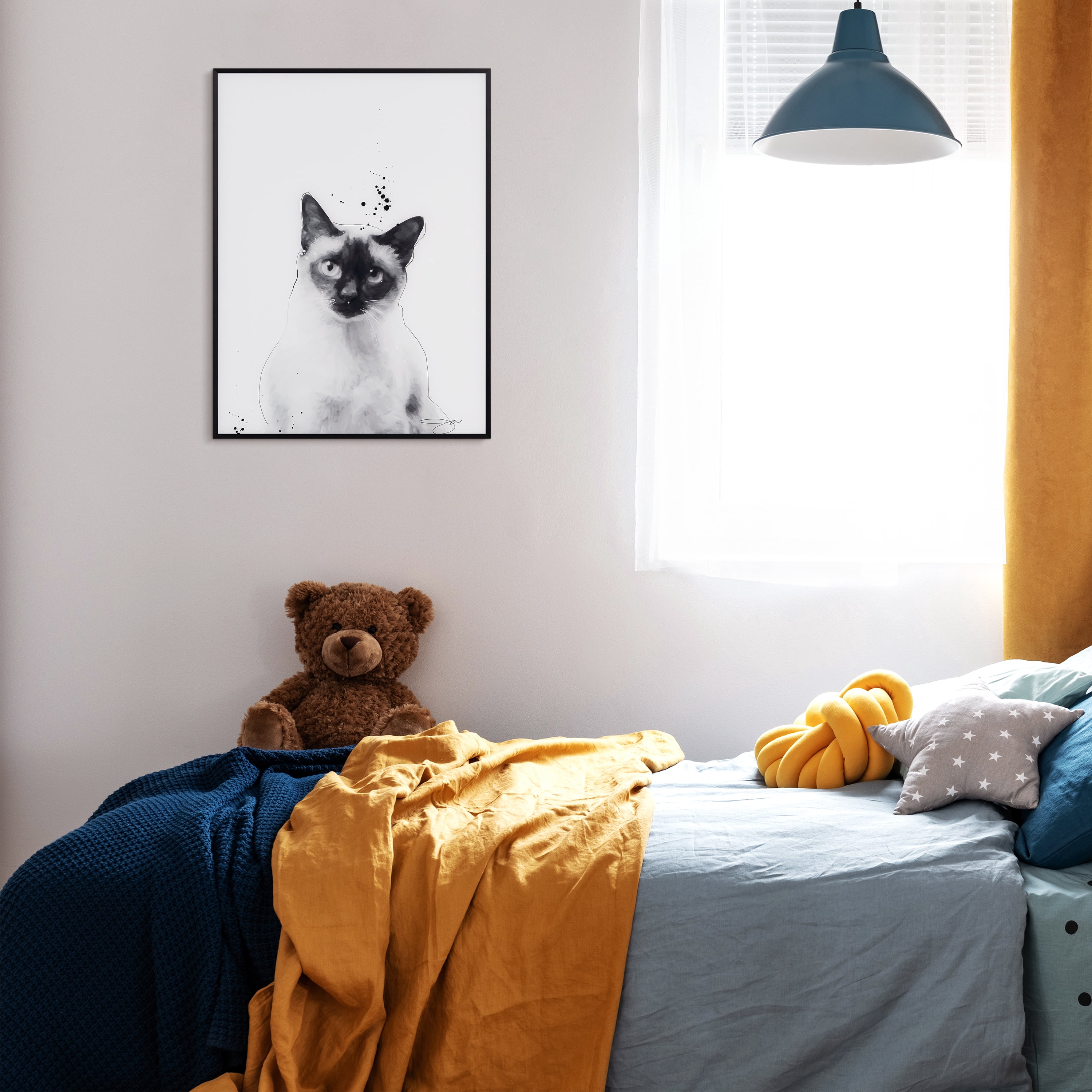 "Siamese" Black and White Pet Portraits on Reverse Printed Art Glass, Minimally Encased on Black Anodized Aluminum Frame