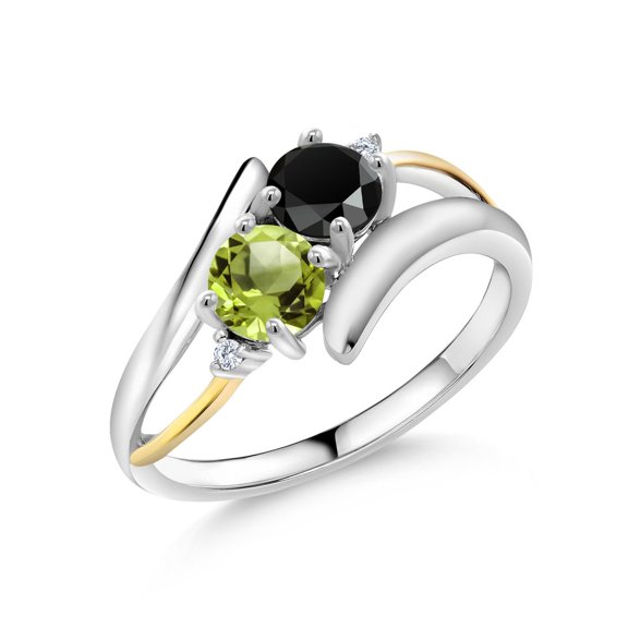 Gem Stone King 1.05 Ct Round Black Onyx Green Peridot 925 Silver and 10K Yellow Gold Lab Grown Diamond Two Stone Crossover Ring (Size 9)