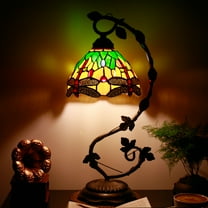 Bedside Lamp Tiffany Style Stained Glass Table Lamp, Green Yellow Dragonfly Antique Banker Desk Light With 21" Tall Thin Metal Leaf Base - Bedroom Living Room Accent Hotel WERFACTORY LED BULB Included